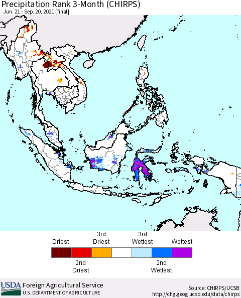 South East Asia Precipitation Rank since 1981, 3-Month (CHIRPS) Thematic Map For 6/21/2021 - 9/20/2021