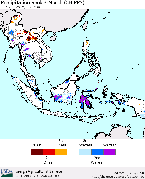 South East Asia Precipitation Rank since 1981, 3-Month (CHIRPS) Thematic Map For 6/26/2021 - 9/25/2021