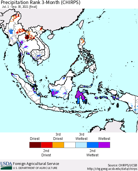 South East Asia Precipitation Rank since 1981, 3-Month (CHIRPS) Thematic Map For 7/1/2021 - 9/30/2021