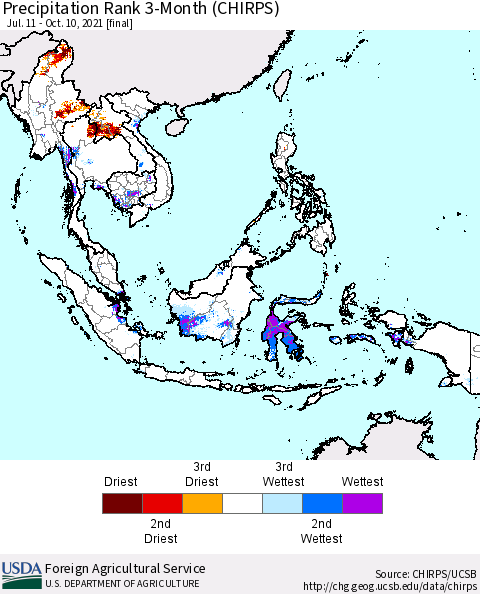South East Asia Precipitation Rank since 1981, 3-Month (CHIRPS) Thematic Map For 7/11/2021 - 10/10/2021