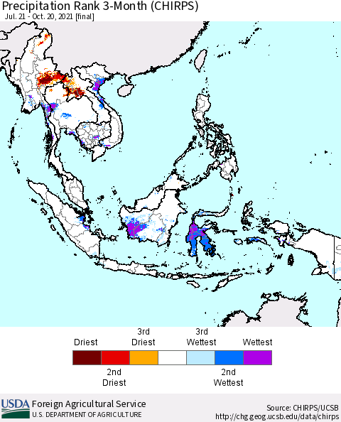 South East Asia Precipitation Rank since 1981, 3-Month (CHIRPS) Thematic Map For 7/21/2021 - 10/20/2021