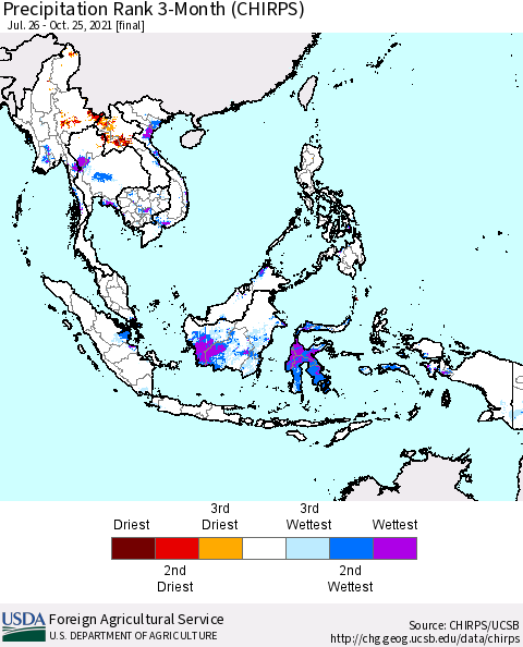 South East Asia Precipitation Rank since 1981, 3-Month (CHIRPS) Thematic Map For 7/26/2021 - 10/25/2021