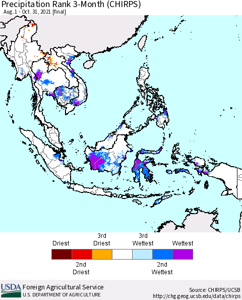 South East Asia Precipitation Rank since 1981, 3-Month (CHIRPS) Thematic Map For 8/1/2021 - 10/31/2021