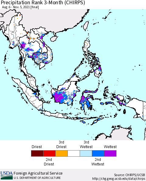 South East Asia Precipitation Rank since 1981, 3-Month (CHIRPS) Thematic Map For 8/6/2021 - 11/5/2021