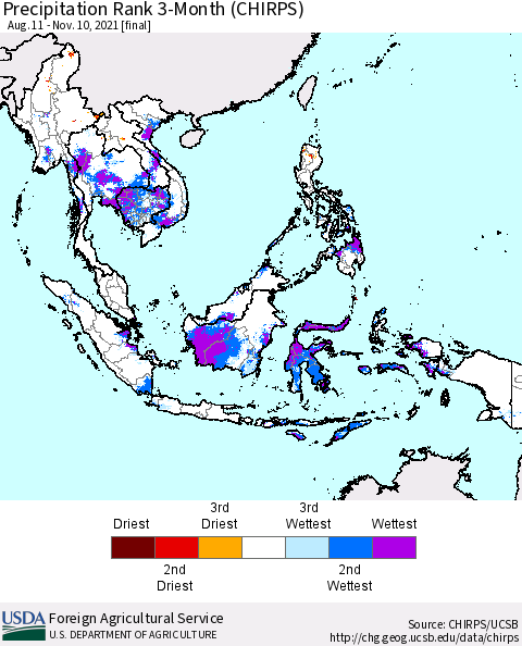 South East Asia Precipitation Rank since 1981, 3-Month (CHIRPS) Thematic Map For 8/11/2021 - 11/10/2021