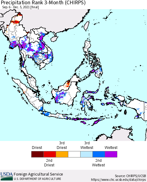 South East Asia Precipitation Rank since 1981, 3-Month (CHIRPS) Thematic Map For 9/6/2021 - 12/5/2021
