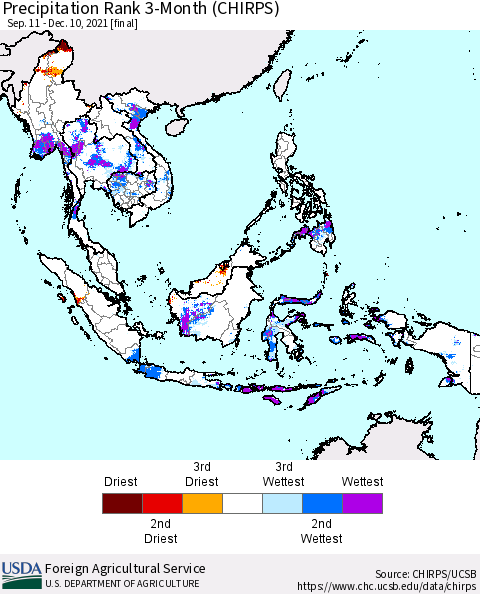 South East Asia Precipitation Rank since 1981, 3-Month (CHIRPS) Thematic Map For 9/11/2021 - 12/10/2021
