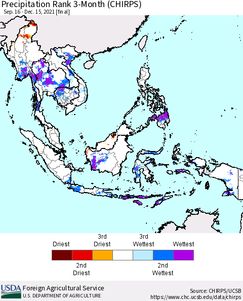 South East Asia Precipitation Rank since 1981, 3-Month (CHIRPS) Thematic Map For 9/16/2021 - 12/15/2021