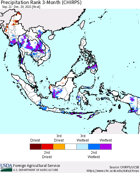 South East Asia Precipitation Rank since 1981, 3-Month (CHIRPS) Thematic Map For 9/21/2021 - 12/20/2021