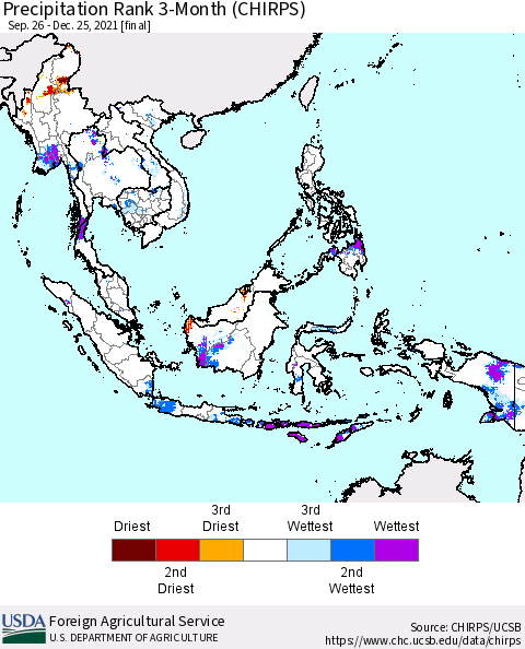 South East Asia Precipitation Rank since 1981, 3-Month (CHIRPS) Thematic Map For 9/26/2021 - 12/25/2021