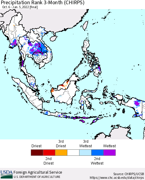 South East Asia Precipitation Rank since 1981, 3-Month (CHIRPS) Thematic Map For 10/6/2021 - 1/5/2022