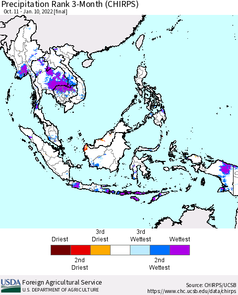South East Asia Precipitation Rank since 1981, 3-Month (CHIRPS) Thematic Map For 10/11/2021 - 1/10/2022