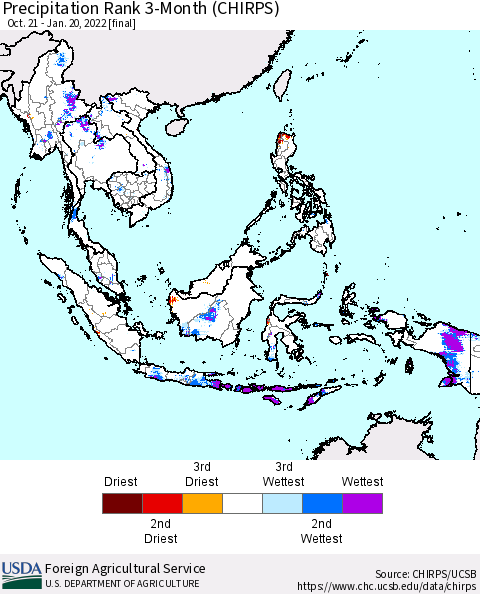 South East Asia Precipitation Rank since 1981, 3-Month (CHIRPS) Thematic Map For 10/21/2021 - 1/20/2022