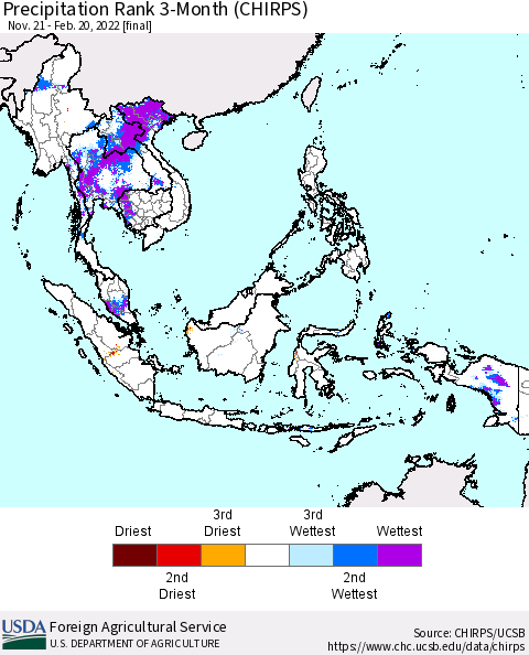 South East Asia Precipitation Rank since 1981, 3-Month (CHIRPS) Thematic Map For 11/21/2021 - 2/20/2022