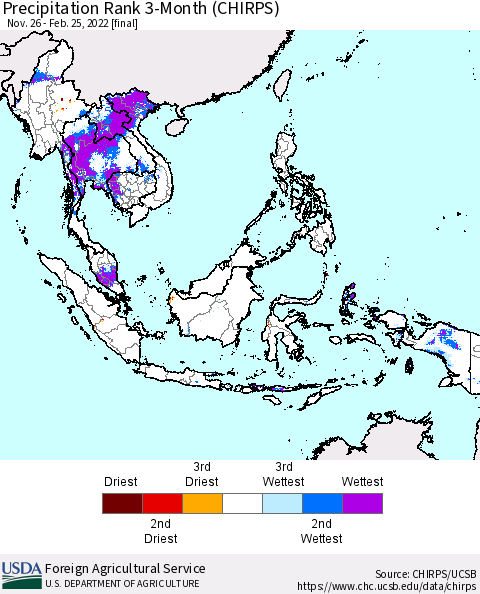 South East Asia Precipitation Rank since 1981, 3-Month (CHIRPS) Thematic Map For 11/26/2021 - 2/25/2022