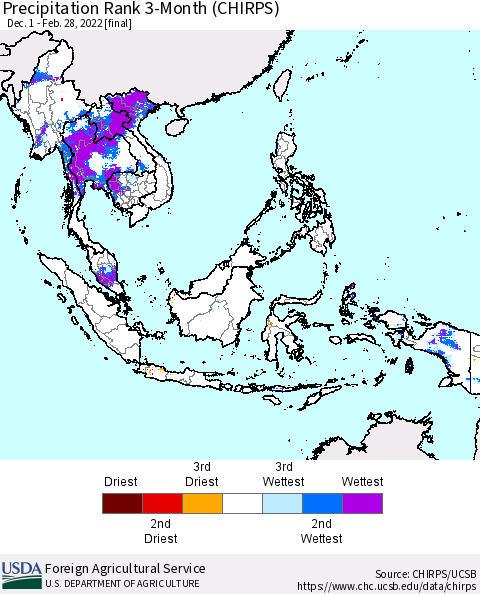 South East Asia Precipitation Rank since 1981, 3-Month (CHIRPS) Thematic Map For 12/1/2021 - 2/28/2022