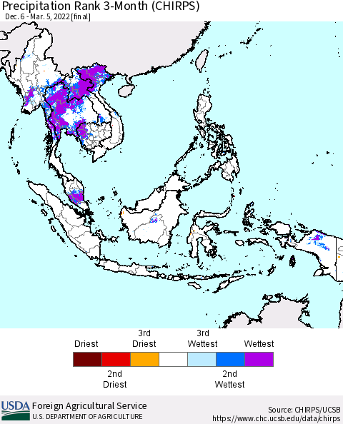 South East Asia Precipitation Rank since 1981, 3-Month (CHIRPS) Thematic Map For 12/6/2021 - 3/5/2022