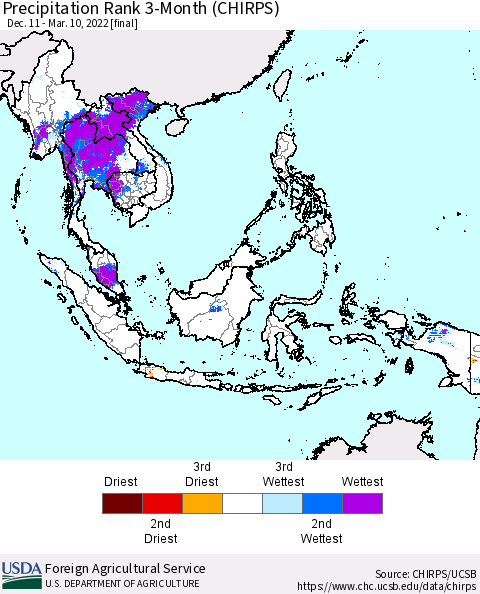 South East Asia Precipitation Rank since 1981, 3-Month (CHIRPS) Thematic Map For 12/11/2021 - 3/10/2022