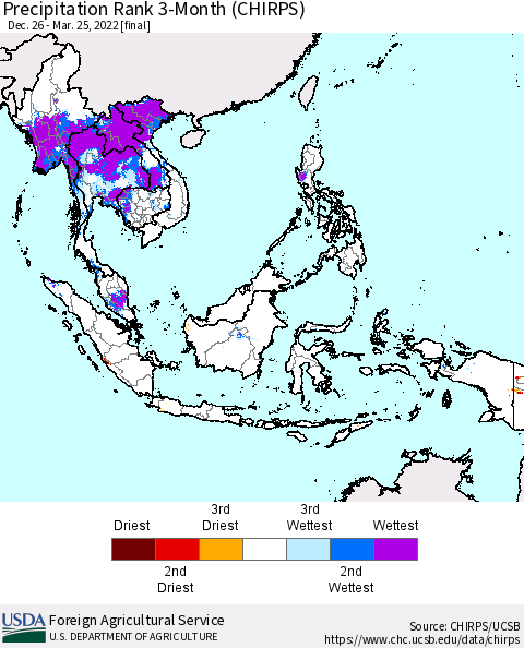 South East Asia Precipitation Rank since 1981, 3-Month (CHIRPS) Thematic Map For 12/26/2021 - 3/25/2022