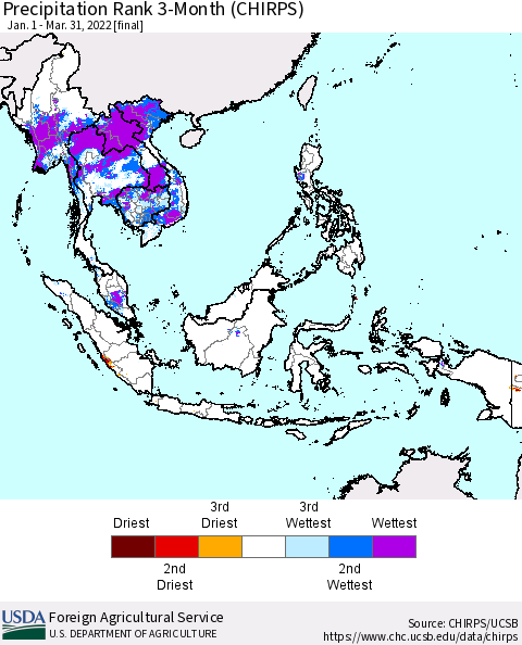 South East Asia Precipitation Rank since 1981, 3-Month (CHIRPS) Thematic Map For 1/1/2022 - 3/31/2022