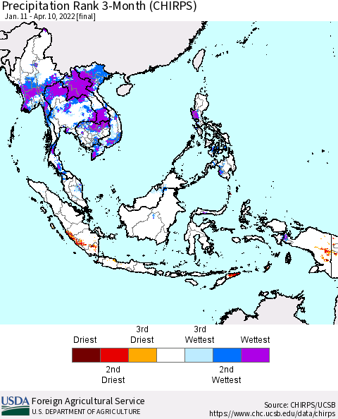 South East Asia Precipitation Rank since 1981, 3-Month (CHIRPS) Thematic Map For 1/11/2022 - 4/10/2022