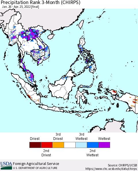 South East Asia Precipitation Rank since 1981, 3-Month (CHIRPS) Thematic Map For 1/26/2022 - 4/25/2022