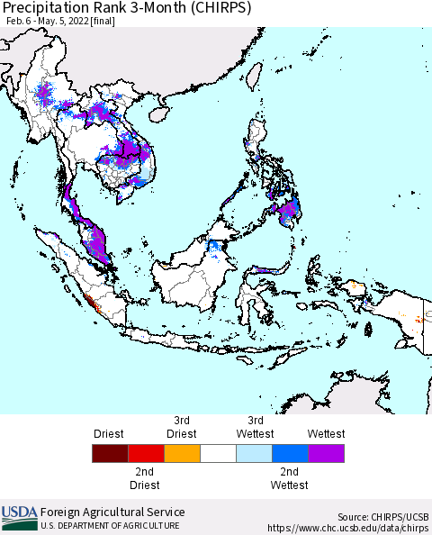 South East Asia Precipitation Rank since 1981, 3-Month (CHIRPS) Thematic Map For 2/6/2022 - 5/5/2022