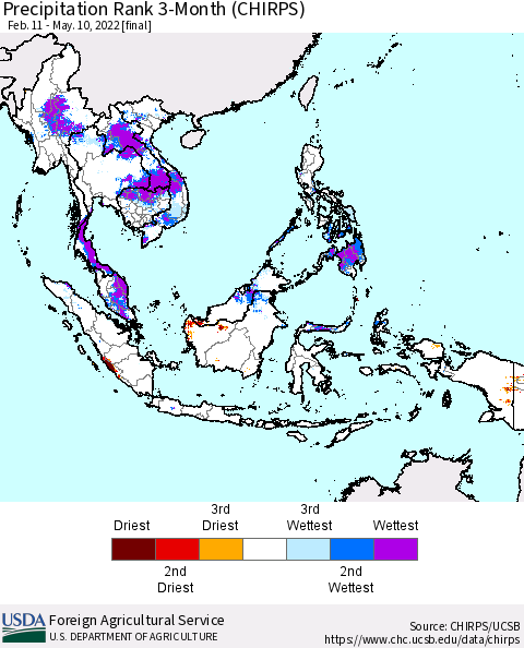 South East Asia Precipitation Rank since 1981, 3-Month (CHIRPS) Thematic Map For 2/11/2022 - 5/10/2022