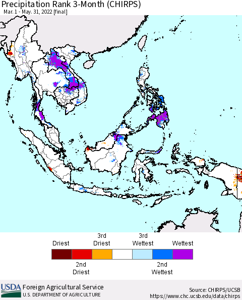 South East Asia Precipitation Rank since 1981, 3-Month (CHIRPS) Thematic Map For 3/1/2022 - 5/31/2022
