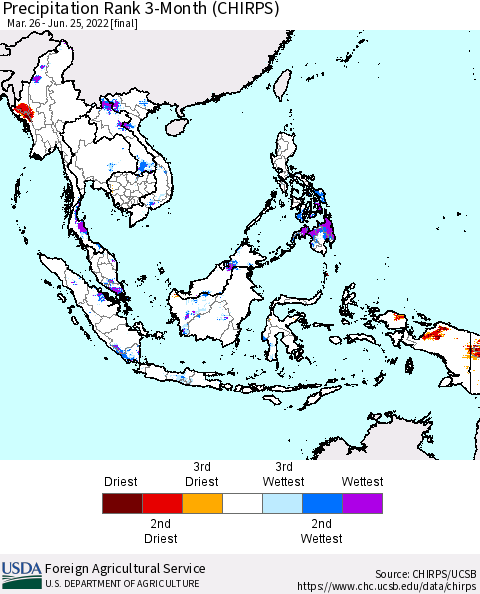 South East Asia Precipitation Rank since 1981, 3-Month (CHIRPS) Thematic Map For 3/26/2022 - 6/25/2022