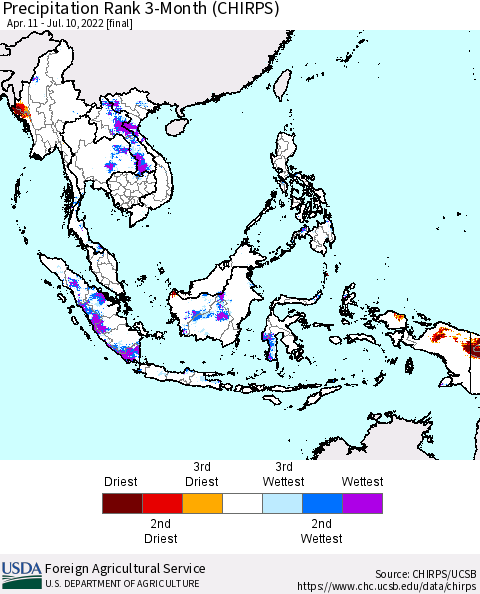 South East Asia Precipitation Rank since 1981, 3-Month (CHIRPS) Thematic Map For 4/11/2022 - 7/10/2022