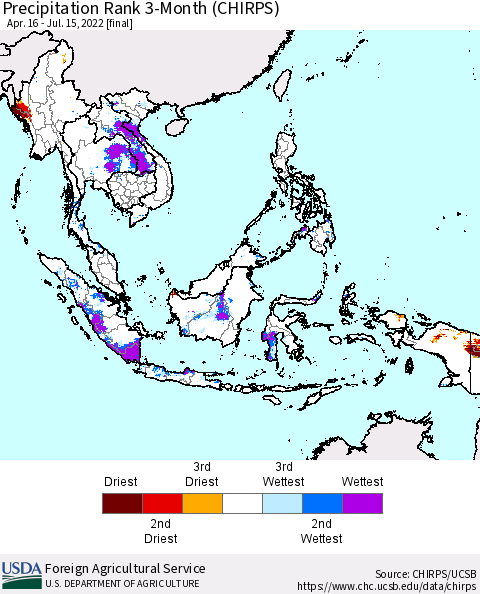 South East Asia Precipitation Rank since 1981, 3-Month (CHIRPS) Thematic Map For 4/16/2022 - 7/15/2022