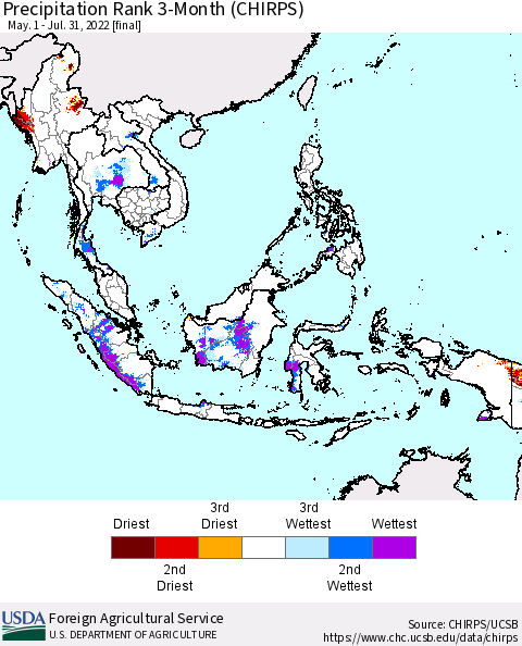 South East Asia Precipitation Rank since 1981, 3-Month (CHIRPS) Thematic Map For 5/1/2022 - 7/31/2022