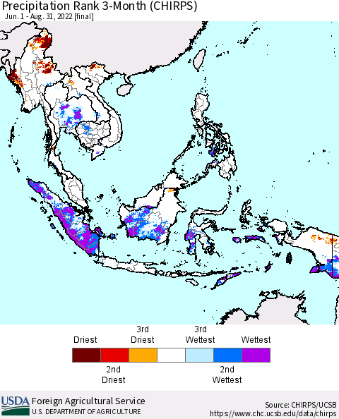 South East Asia Precipitation Rank since 1981, 3-Month (CHIRPS) Thematic Map For 6/1/2022 - 8/31/2022