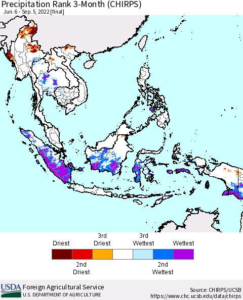 South East Asia Precipitation Rank since 1981, 3-Month (CHIRPS) Thematic Map For 6/6/2022 - 9/5/2022