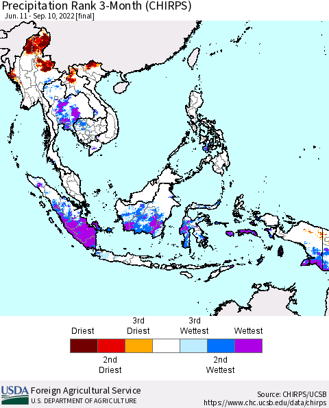 South East Asia Precipitation Rank since 1981, 3-Month (CHIRPS) Thematic Map For 6/11/2022 - 9/10/2022