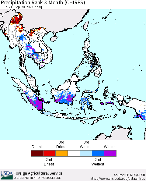 South East Asia Precipitation Rank since 1981, 3-Month (CHIRPS) Thematic Map For 6/21/2022 - 9/20/2022
