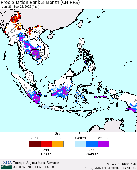 South East Asia Precipitation Rank since 1981, 3-Month (CHIRPS) Thematic Map For 6/26/2022 - 9/25/2022