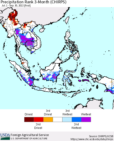 South East Asia Precipitation Rank since 1981, 3-Month (CHIRPS) Thematic Map For 7/1/2022 - 9/30/2022