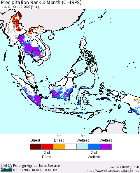 South East Asia Precipitation Rank since 1981, 3-Month (CHIRPS) Thematic Map For 7/11/2022 - 10/10/2022