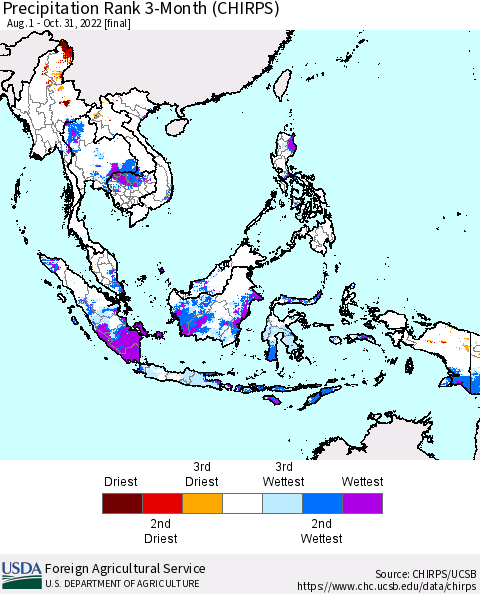South East Asia Precipitation Rank since 1981, 3-Month (CHIRPS) Thematic Map For 8/1/2022 - 10/31/2022