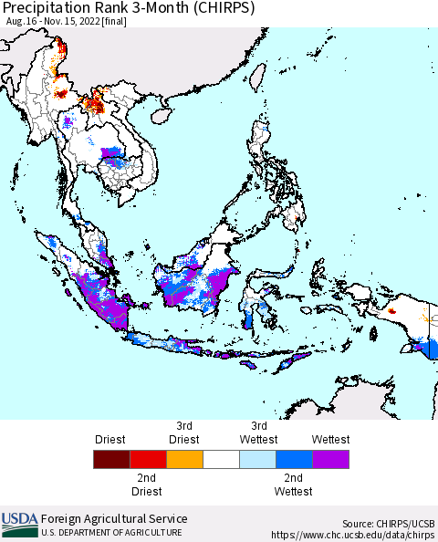 South East Asia Precipitation Rank since 1981, 3-Month (CHIRPS) Thematic Map For 8/16/2022 - 11/15/2022