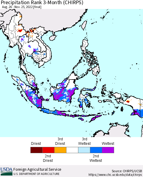 South East Asia Precipitation Rank since 1981, 3-Month (CHIRPS) Thematic Map For 8/26/2022 - 11/25/2022