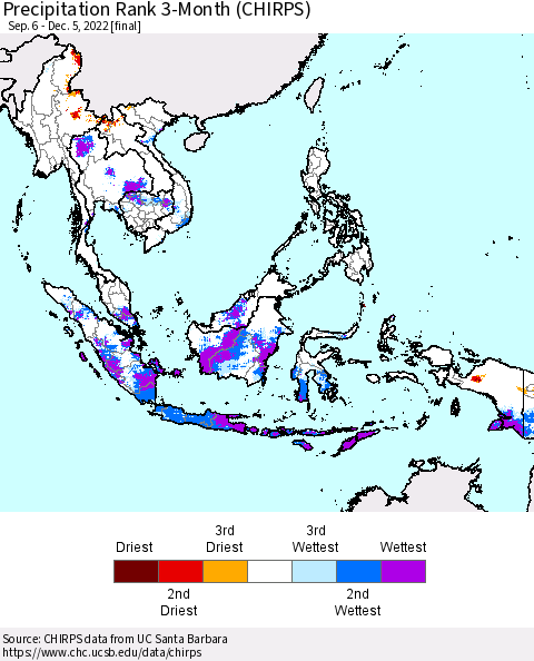 South East Asia Precipitation Rank since 1981, 3-Month (CHIRPS) Thematic Map For 9/6/2022 - 12/5/2022