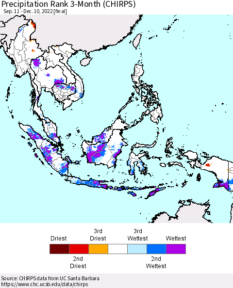 South East Asia Precipitation Rank since 1981, 3-Month (CHIRPS) Thematic Map For 9/11/2022 - 12/10/2022