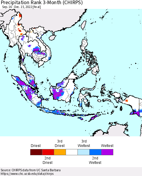 South East Asia Precipitation Rank since 1981, 3-Month (CHIRPS) Thematic Map For 9/16/2022 - 12/15/2022
