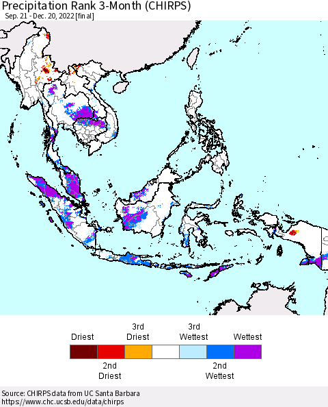 South East Asia Precipitation Rank since 1981, 3-Month (CHIRPS) Thematic Map For 9/21/2022 - 12/20/2022