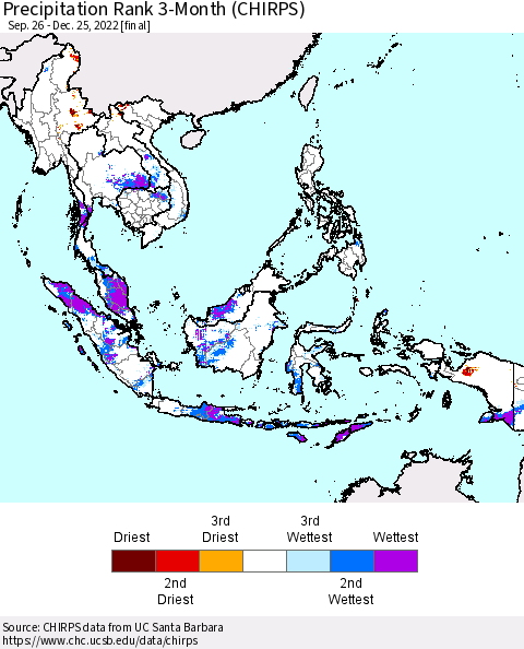 South East Asia Precipitation Rank since 1981, 3-Month (CHIRPS) Thematic Map For 9/26/2022 - 12/25/2022