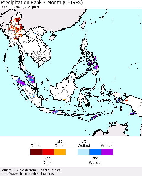 South East Asia Precipitation Rank since 1981, 3-Month (CHIRPS) Thematic Map For 10/16/2022 - 1/15/2023