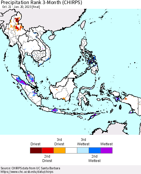 South East Asia Precipitation Rank since 1981, 3-Month (CHIRPS) Thematic Map For 10/21/2022 - 1/20/2023